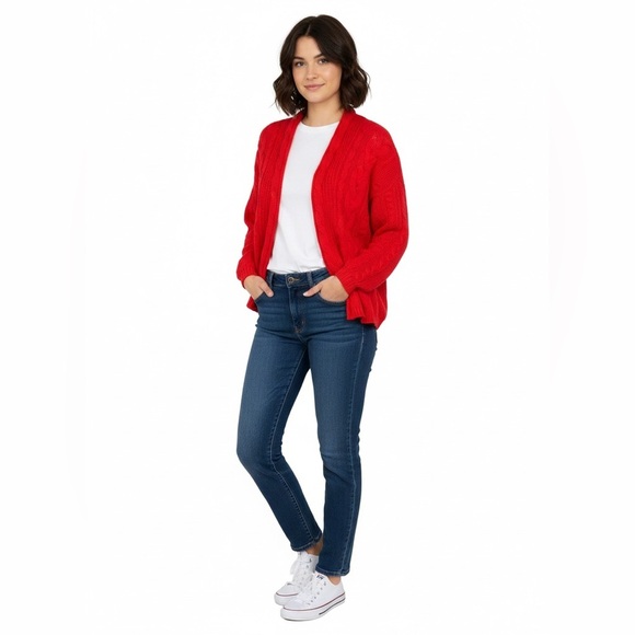 pen✂️paper Sweaters - Pen + Paper Red Cable Knit Open Front Cardigan S